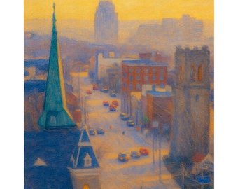May include: An impressionistic painting of a city street scene at dusk. The artwork features a teal church steeple, red brick buildings, and a tall skyscraper in the background. The sky is a warm yellow, and the street is lined with cars.