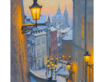 Prague Winter Street Canvas Print, Snowy Prague Lantern Alley Wall Art, Romantic Czech Cityscape Painting, European Travel Decor