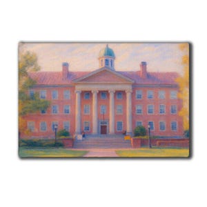 May include: A rectangular canvas print of a stately brick building with a central portico supported by white columns. The building has a green dome and multiple windows. The artwork is rendered in soft, pastel colors, suggesting a painting.