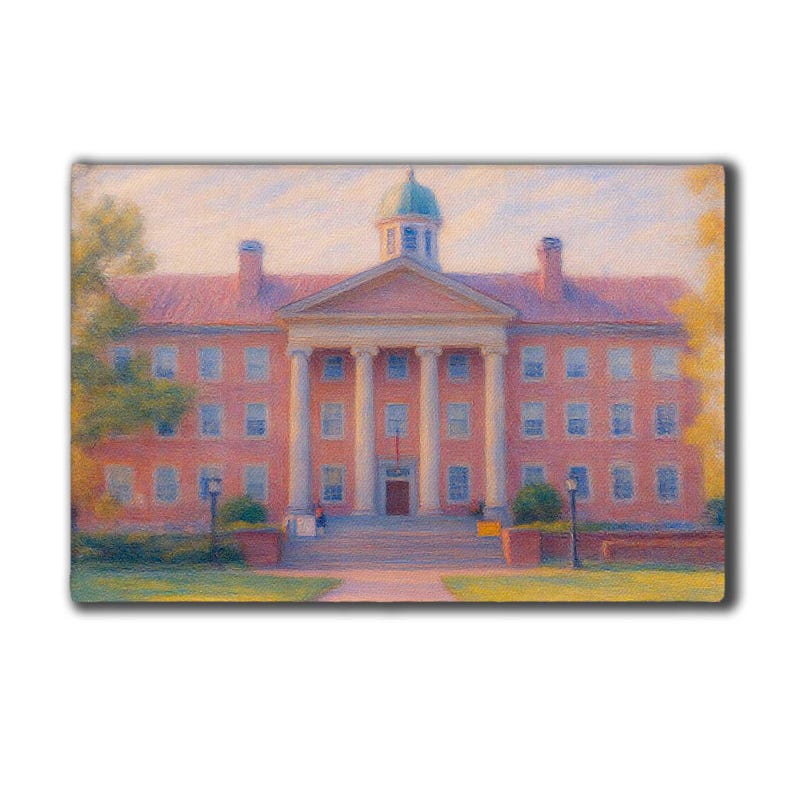 May include: A rectangular canvas print of a stately brick building with a central portico supported by white columns. The building has a green dome and multiple windows. The artwork is rendered in soft, pastel colors, suggesting a painting.