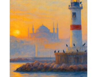 Istanbul Lighthouse Sunset Canvas Print, Bosphorus Wall Art, Turkish Mosque Skyline Painting, Istanbul Harbor Decor, Mediterranean Artwork