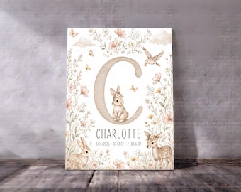 Personalized Nursery Wall Art, Birth Stats Canvas Print, Custom Baby Name Nursery Decor, Newborn Gift, Woodland Floral Boho Theme Wall Art