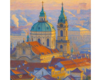 Prague Cathedral Sunset Canvas Print, Czech Republic Skyline Wall Art, Historic Prague Church Painting, European Cityscape Travel Decor