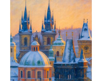 Prague Old Town Winter Skyline Canvas Print, Snowy Prague Church Spires Wall Art, Czech Republic Cityscape Painting, European Travel Decor