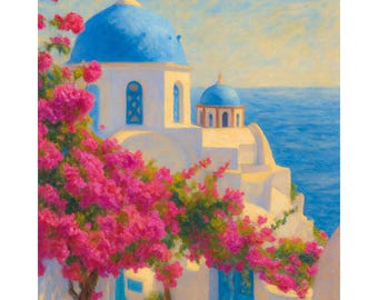 Santorini Greece Blue Dome Canvas Print, Greek Island Wall Art, Mediterranean Coastal Painting, Aegean Sea Travel Decor