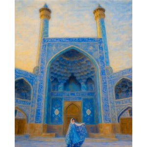 May include: An artistic rendering of a grand, blue-tiled mosque with two tall minarets. A person in a blue shawl stands in front of the entrance. The artwork has a painterly quality, with soft textures and a warm, golden sky.