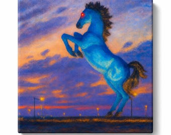 Denver Blue Mustang Canvas Print, DIA Blucifer Statue Wall Art, Colorado Landmark Painting, Stretched Canvas Ready to Hang