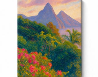 St Lucia Pitons Tropical Landscape Canvas Print, Caribbean Mountain Wall Art, Island Sunset Nature Painting