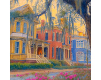 Savannah Georgia Canvas Print, Historic Home Wall Art, Southern Architecture Painting, Large Coastal Home Decor, Travel Gift