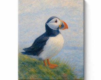 Faroe Islands Puffin Canvas Print, Coastal Wildlife Wall Art, Nordic Seabird Painting, Stretched Canvas Ready to Hang