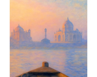 Taj Mahal Sunrise Canvas Print, India Wall Art, Mughal Architecture Painting, River Reflection Artwork, Travel Decor