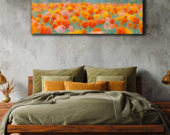 Colorful Tulip Flower Field Canvas Print, Floral Wall Art, Bedroom Room Wall Decor, Large Panoramic Art, Ready to Hang, Housewarming Gift
