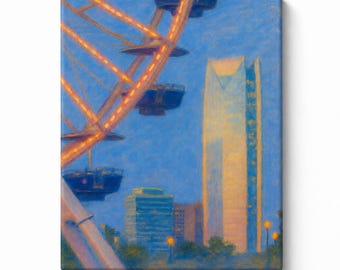 Oklahoma City Ferris Wheel Skyline Canvas Print, OKC Downtown Wall Art, Modern Cityscape Painting, Urban Sunset Decor