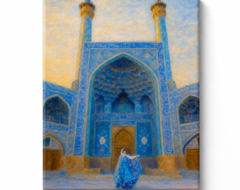 Iran Blue Mosque Canvas Print, Persian Architecture Wall Art, Islamic Tile Art, Middle Eastern Landscape Painting, Cultural Home Decor