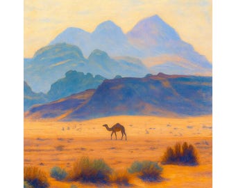 Wadi Rum Jordan Desert Canvas Print, Camel Landscape Wall Art, Middle East Scenic Painting, Travel Decor, Stretched Canvas Ready to Hang