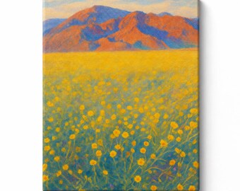 Death Valley Wildflower Bloom Canvas Print, California Desert Super Bloom Wall Art, Mountain Landscape Painting Decor