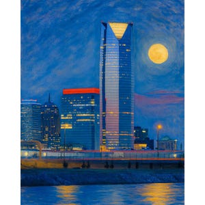 May include: An artistic painting of a city skyline at dusk. The image features a tall skyscraper with a distinctive triangular top, illuminated windows, and a full moon in the sky. The color palette includes blues, oranges, and yellows.