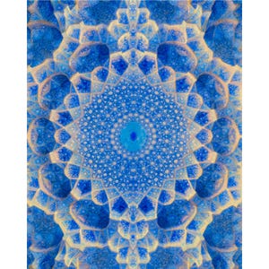 May include: Abstract digital art print featuring a symmetrical design in shades of blue and cream. The artwork has a central circular motif with a detailed, textured pattern, surrounded by repeating organic shapes. The overall effect is a vibrant, detailed, and visually complex composition.