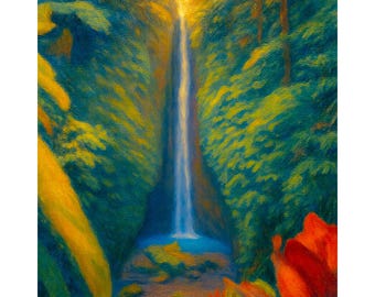 Tahiti Waterfall Canvas Print, Tropical Jungle Wall Art, Island Rainforest Painting, Nature Decor, Stretched Canvas Ready to Hang