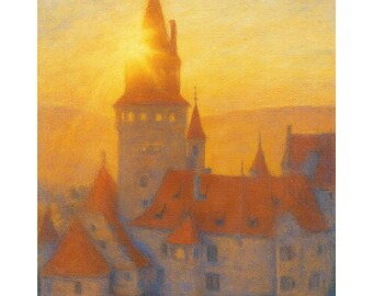 Bouzov Castle Sunset Canvas Print, Czech Republic Medieval Castle Wall Art, Historic European Fortress Painting, Travel Decor