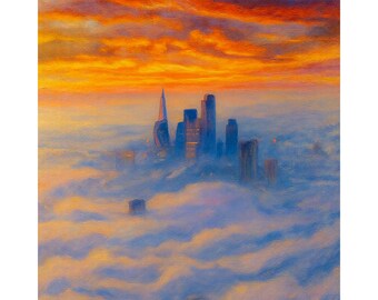 London Skyline Above the Clouds Canvas Print, London Sunset Cityscape Wall Art, Modern London Skyline Painting, UK Decor