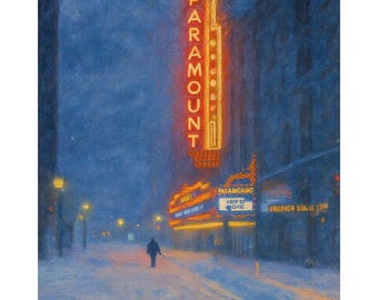 Boston Paramount Theatre Winter Canvas Print, Downtown Neon Sign Wall Art, Snowy Washington Street Painting, Boston Decor