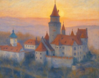 Hrad Bouzov Sunset Canvas Print, Czech Republic Castle Wall Art, Bouzov Castle Landscape Painting, Historic European Fortress Decor
