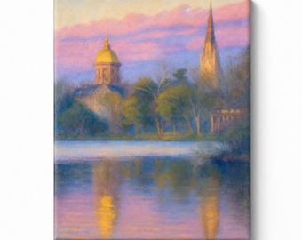 Notre Dame Golden Dome Canvas Print, Lakeside Sunset Wall Art, Basilica Reflection Painting, College Decor, Graduation Gift