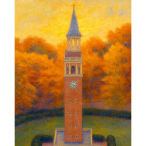 May include: An oil painting of a tall brick bell tower with a blue steeple and a clock face. The tower is set against a backdrop of golden-orange trees and a yellow sky, creating a warm, autumnal scene.