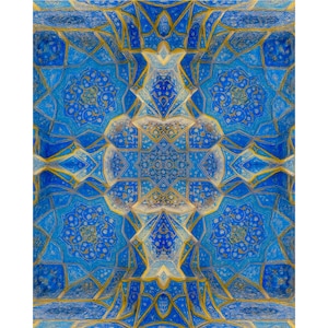 May include: A symmetrical pattern featuring a mosaic design in shades of blue and gold. The intricate artwork showcases geometric shapes and floral motifs, creating a visually rich and detailed composition. The design is reminiscent of traditional tile work.