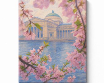 Chicago Museum of Science and Industry Cherry Blossoms Canvas Print, Chicago Skyline Wall Art, Columbia Basin, Jackson Park