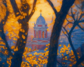 Cincinnati Mount Adams Church Canvas Print, Autumn Skyline Wall Art, Ohio Cityscape Painting, Fall Foliage Decor, Historic Landmark Art