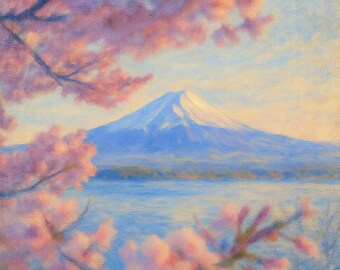Mount Fuji Cherry Blossom Canvas Print, Japan Landscape Wall Art, Sakura Fuji Mountain Painting, Japanese Spring Decor
