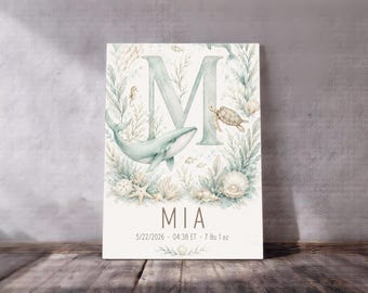 Personalized Nursery Wall Art, Birth Stats Canvas Print, Custom Baby Name Nursery Decor, Newborn Gift, Underwater Ocean Theme Wall Art