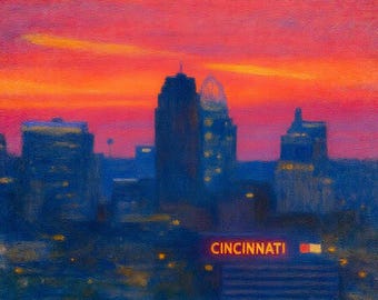 May include: An impressionistic painting of a cityscape at sunset. The sky is a vibrant blend of red, orange, and pink hues. Silhouetted against the colorful sky are several dark blue buildings, with the word "CINCINNATI" illuminated in orange.