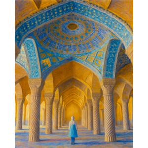 May include: An artistic rendering of an arched interior with ornate, patterned ceilings in shades of blue and gold. The pillars are textured, and a figure in a blue dress stands in the distance, adding a sense of scale and depth to the architectural artwork.