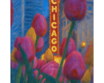 Chicago Tulips Canvas Print, Chicago Theatre Sign Wall Art, Spring Downtown City Painting Decor