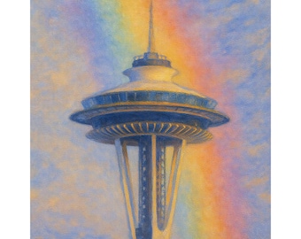 Seattle Space Needle Rainbow Canvas Print, Colorful Skyline Wall Art, Emerald City Landmark Painting, Modern Home Decor