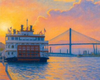 Savannah Georgia Canvas Print, Riverboat Wall Art, Talmadge Bridge Painting, Coastal Waterfront Decor, Living Room Art, Gift