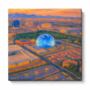 May include: A square canvas print featuring an impressionistic painting of a city landscape at sunset. A prominent, glowing blue dome sits in the center of the urban area, surrounded by buildings and roads under a warm orange and purple sky.