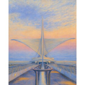 May include: A pastel painting of a modern architectural structure with a bridge leading to it. The sky transitions from blue to orange and pink. The building has a distinctive wing-like design, and the bridge has a decorative railing.