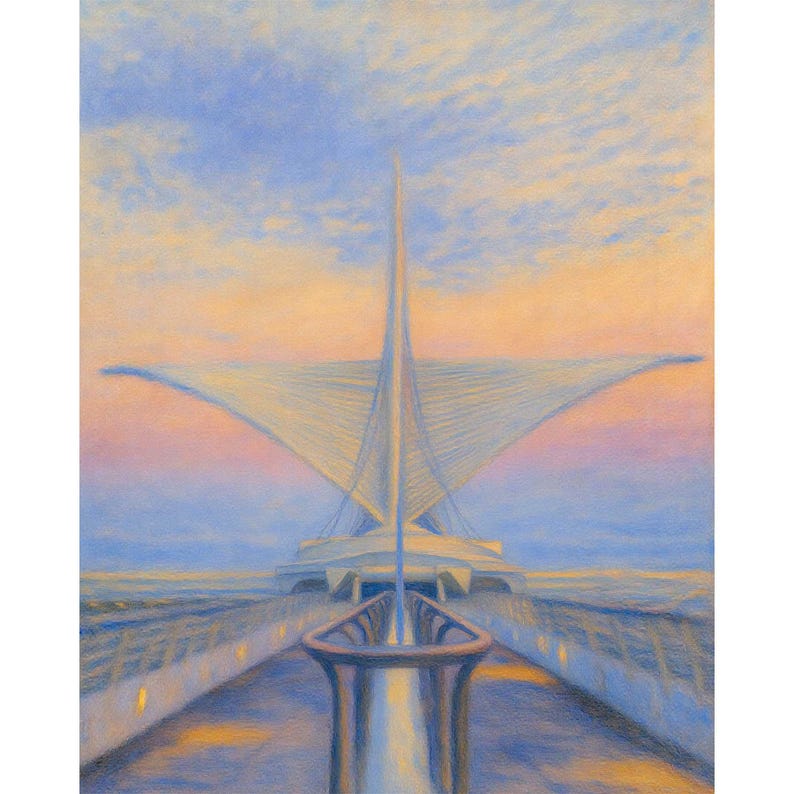 May include: A pastel painting of a modern architectural structure with a bridge leading to it. The sky transitions from blue to orange and pink. The building has a distinctive wing-like design, and the bridge has a decorative railing.