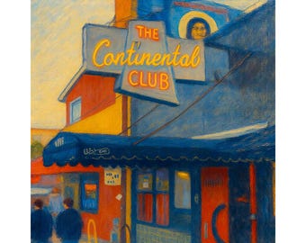 Puede incluir: Una representación artística de The Continental Club, un edificio con un toldo azul y un letrero con el nombre del club en neón amarillo. El edificio tiene una puerta roja y una fachada azul. Dos personas caminan frente al edificio.