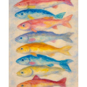 May include: A vertical arrangement of eight fish rendered in a soft, textured drawing style. The fish are colored in alternating shades of pink, blue, and yellow, stacked one above the other against a light, neutral, and slightly mottled background.