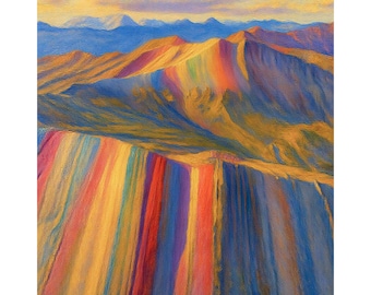 Peru Rainbow Mountain Landscape Canvas Print, Vinicunca Andes Wall Art, Colorful Striped Mountain Painting