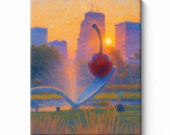 Minneapolis Spoonbridge Cherry Canvas Print, Walker Art Center Wall Art, City Skyline Painting, Minnesota Landmark Decor