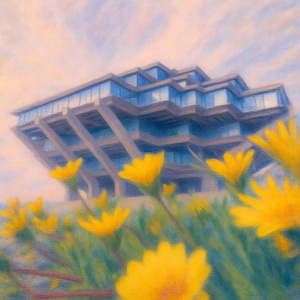 May include: An artistic rendering of a modern building with a unique architectural design, featuring multiple levels and large glass windows. The building is set against a soft, cloudy sky and is framed by vibrant yellow flowers in the foreground.