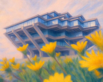 Lienzo impreso de la Biblioteca Geisel de UC San Diego, arte mural del campus de La Jolla, pintura de paisaje de arquitectura moderna, decoración de UCSD, regalo de graduación