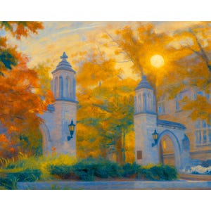 May include: An impressionistic painting of a university entrance on a sunny autumn day. Two white stone towers with arched doorways and lanterns flank the entrance. The scene is filled with vibrant orange and yellow foliage, with a bright sun in the background.