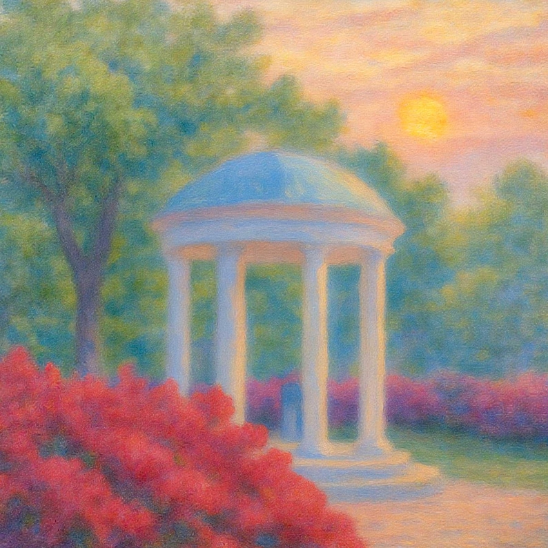 Puede incluir: Pintura pastel de un cenador cl&aacute;sico con una c&uacute;pula azul y columnas blancas, rodeado de flores rojas y exuberante vegetaci&oacute;n. El cielo es una suave mezcla de naranja y amarillo, lo que sugiere una puesta de sol.
